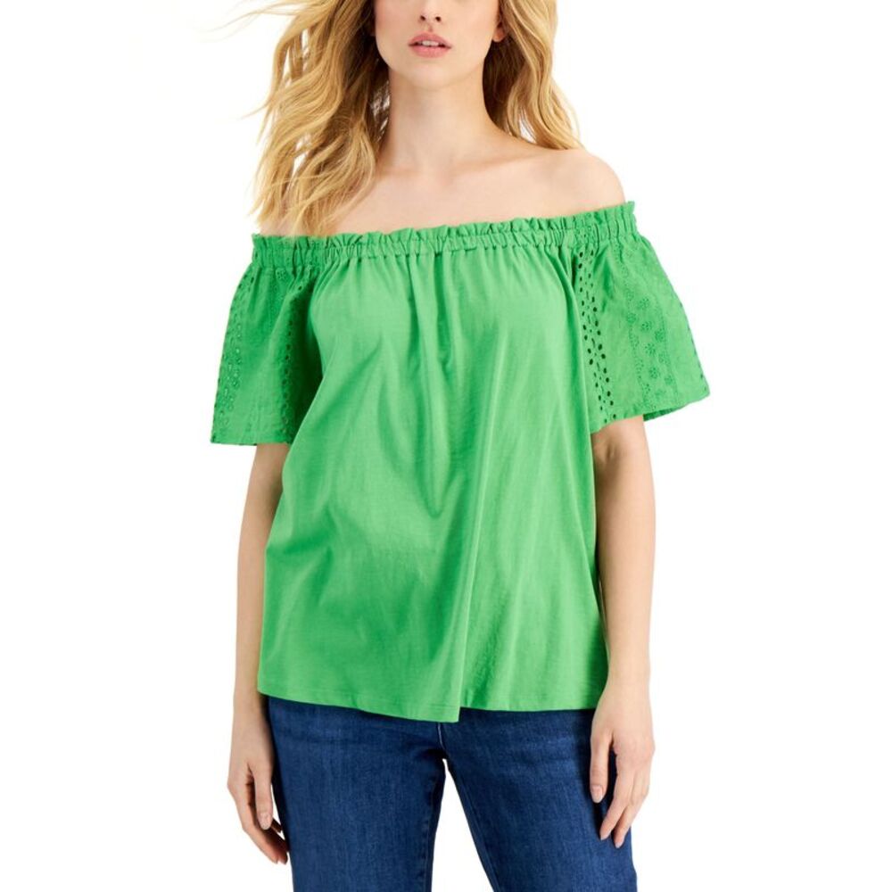 Charter Club Womens Eyelet-Sleeve Off-The-Shoulder Top
